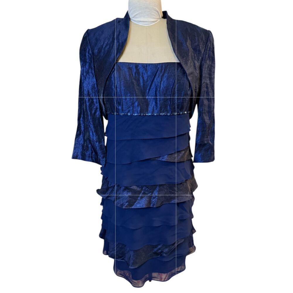 S.L. Fashions Navy Blue Tiered Cocktail Dress W/Jacket Beaded 2 Pcs. Sz. 16